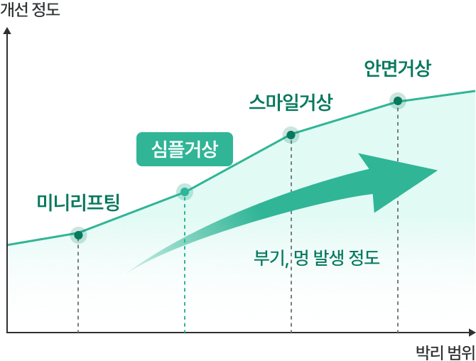 리팅 리프팅 절개 범위와 효과 비교 그래프